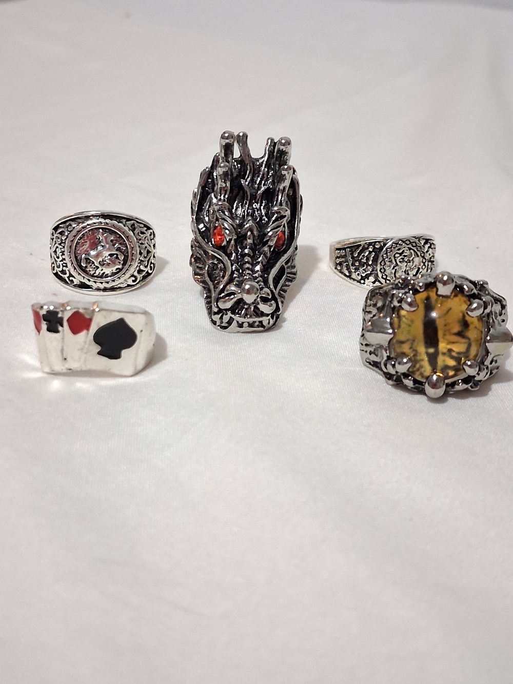 Men's Silver Tone Costume Rings Dragon Goth Biker Halloween Sizes 8 & 9